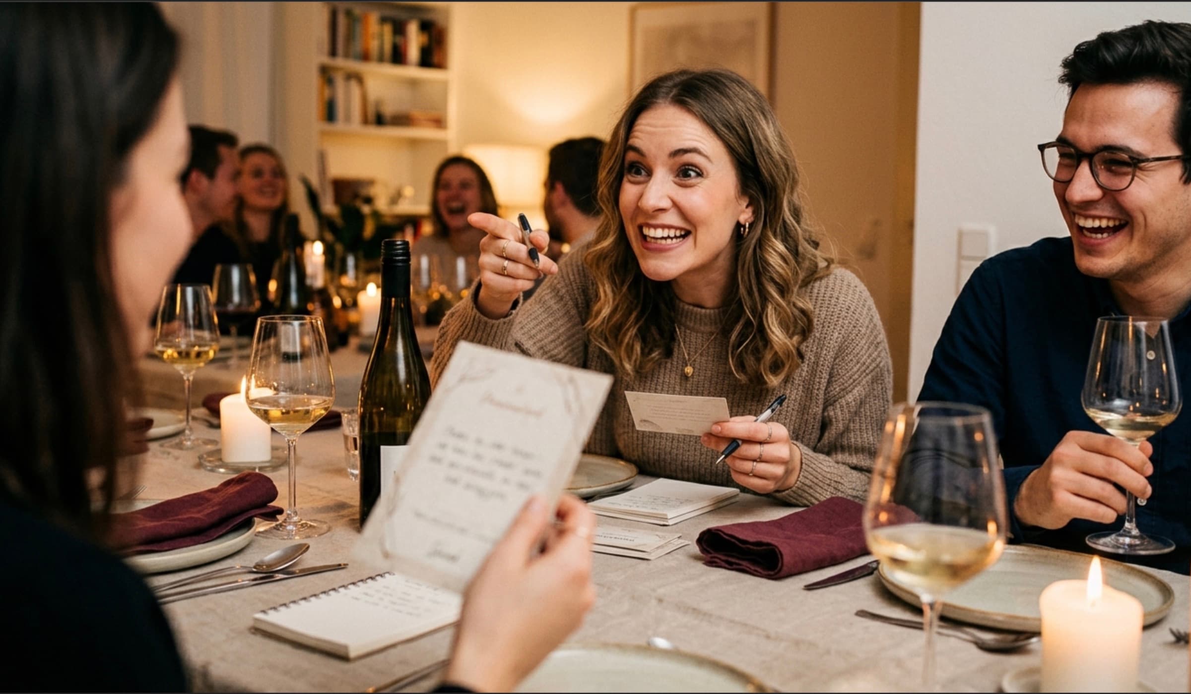 Freunde lachen gemeinsam beim Krimi Switch Abend — Rollenhefte und Kerzen auf dem Tisch